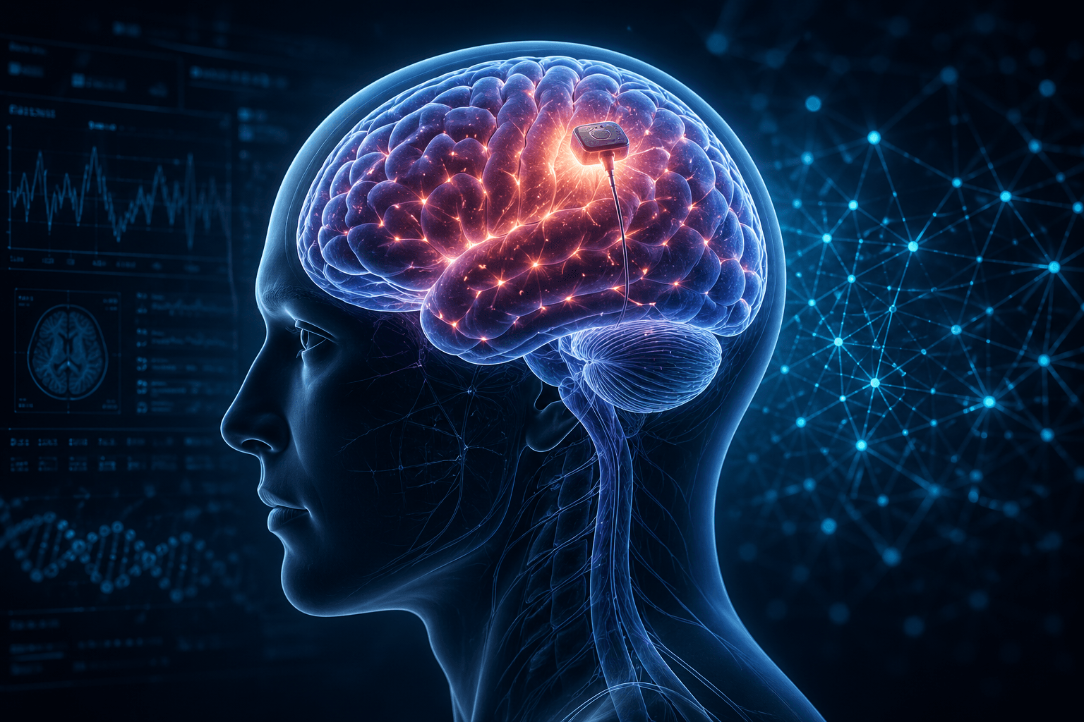 Illustration of a brain with neural network connections representing mental health technology