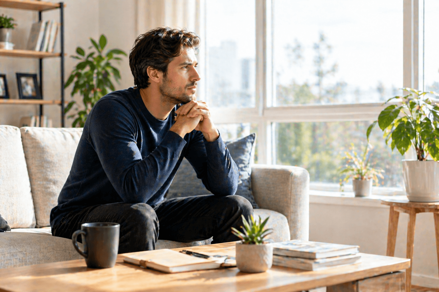 A thoughtful man sitting in a bright living room, gazing out the window in quiet reflection, symbolizing emotional withdrawal and burnout