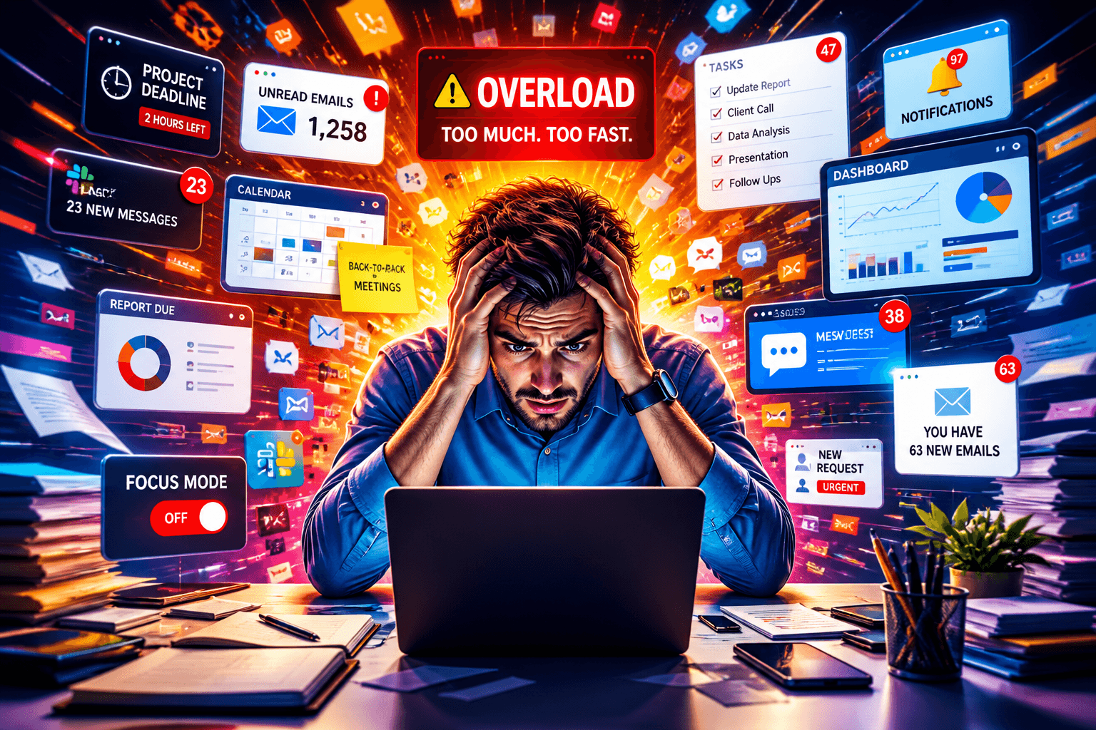 A knowledge worker overwhelmed by multiple digital dashboards, notifications, and tasks, representing cognitive overload in modern work systems.